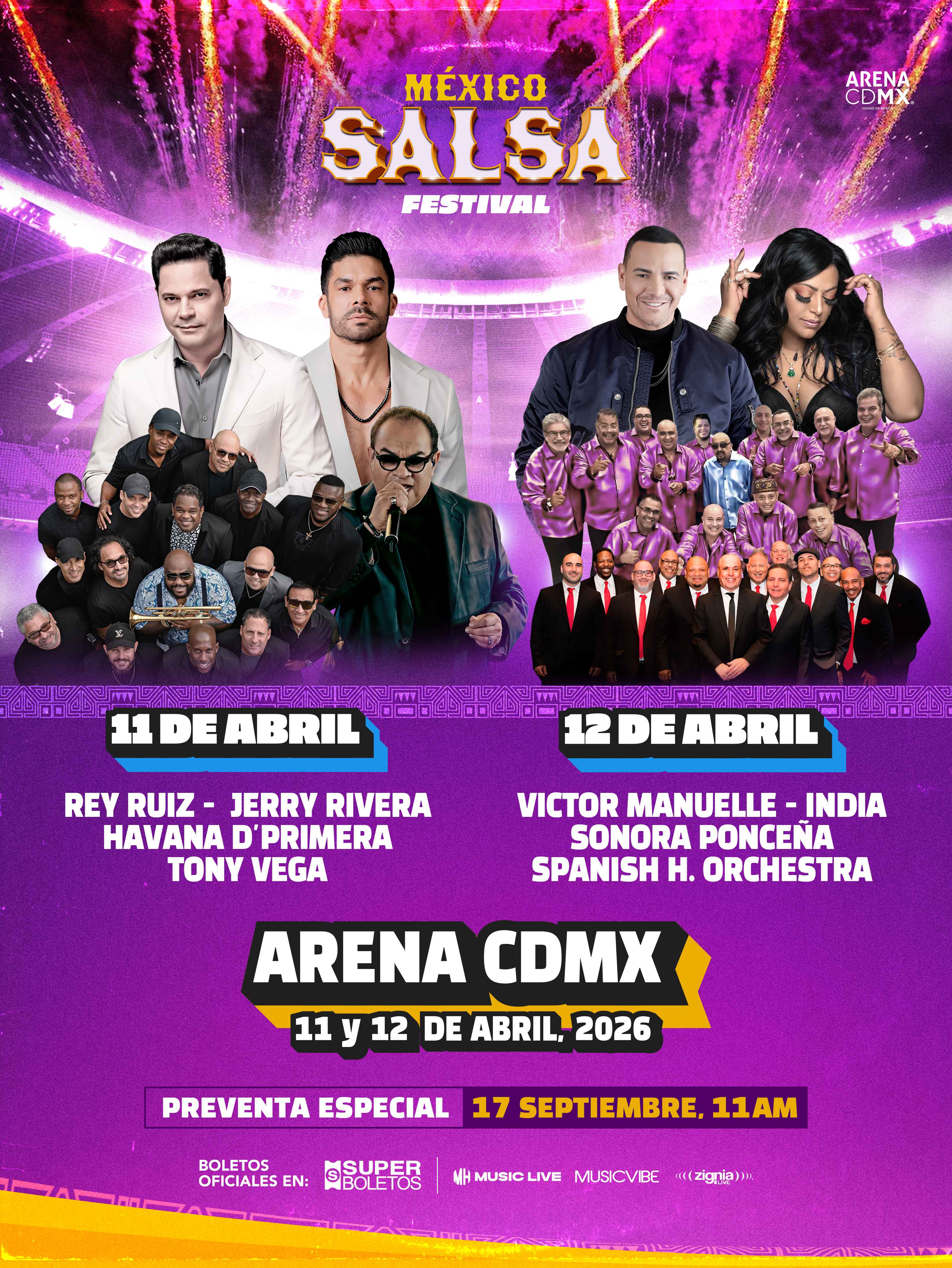 México Salsa Festival 2026 Lineup - 11 y 12 de Abril en Arena CDMX - Rey Ruiz, Jerry Rivera, Havana D'Primera, Tony Vega, Victor Manuelle, India, Sonora Ponceña, Spanish Harlem Orchestra