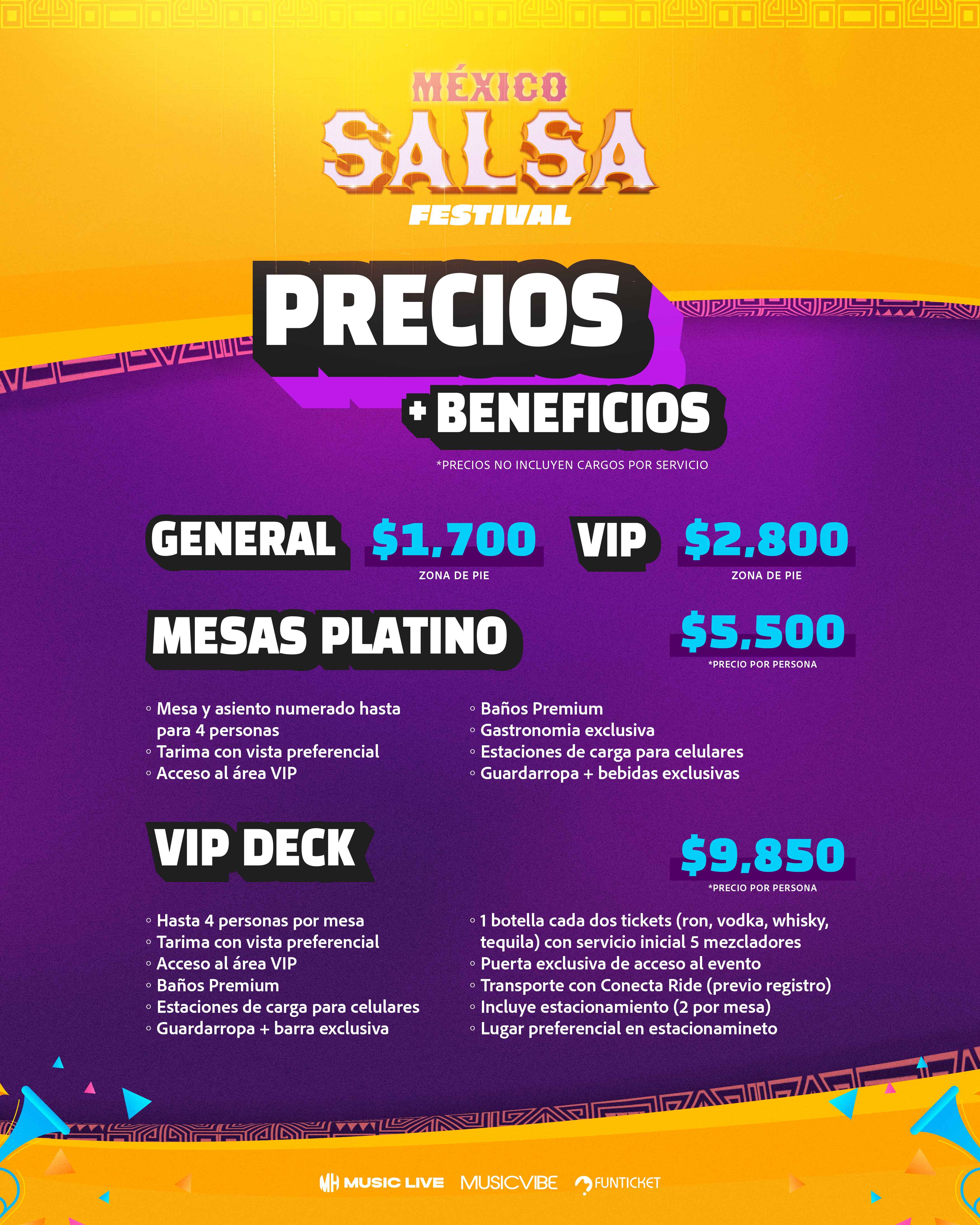 Precios México Salsa Festival 2025 - Boletos Festival de Salsa México - General $1,700, VIP $2,800, Mesas Platino $5,500, VIP Deck $9,850 - Festival de Salsa CDMX con beneficios exclusivos
